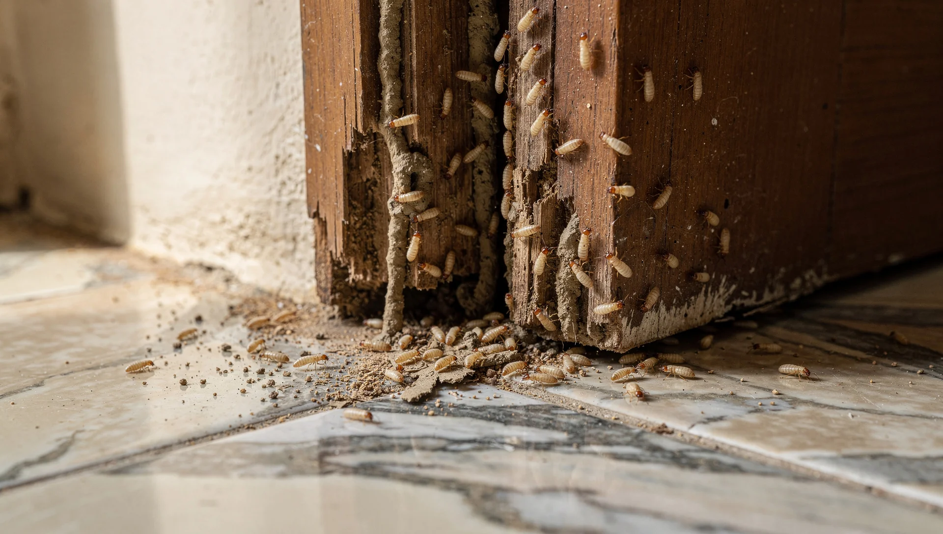 Technician applying termite treatment at building perimeter